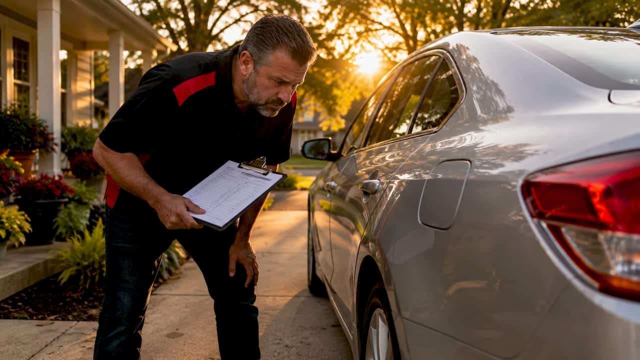 Piedmont 72 Man Inspecting Car Damage With Checklist