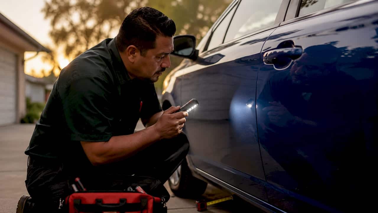 Man inspecting car dent on door panel
