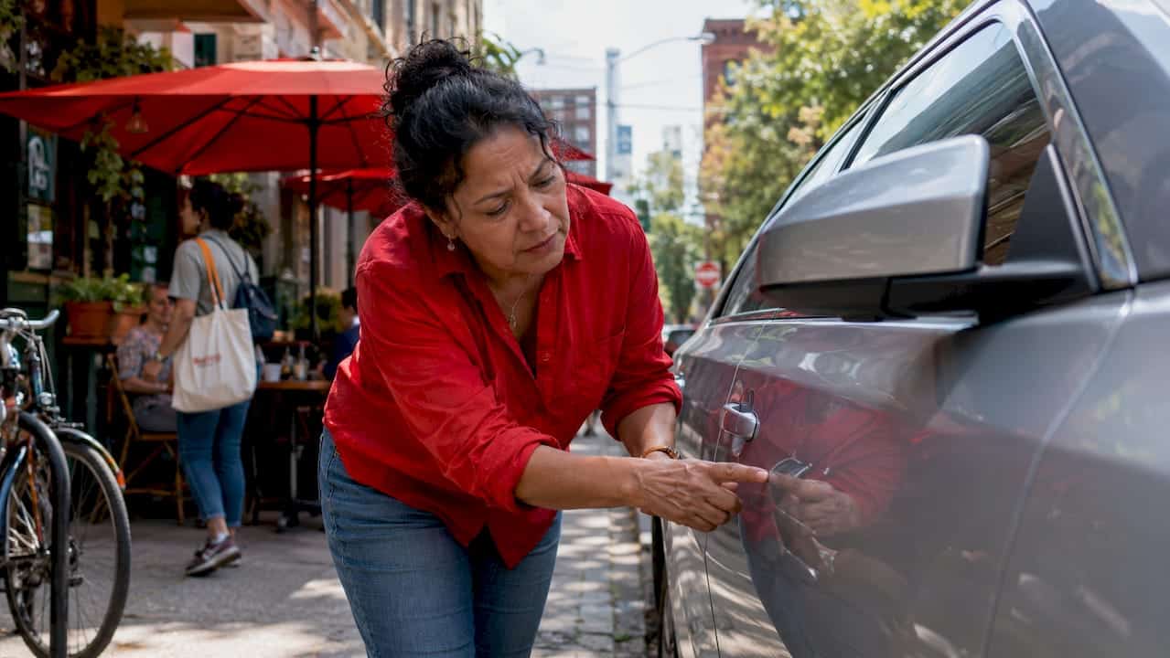 Woman inspecting minor dent on car door