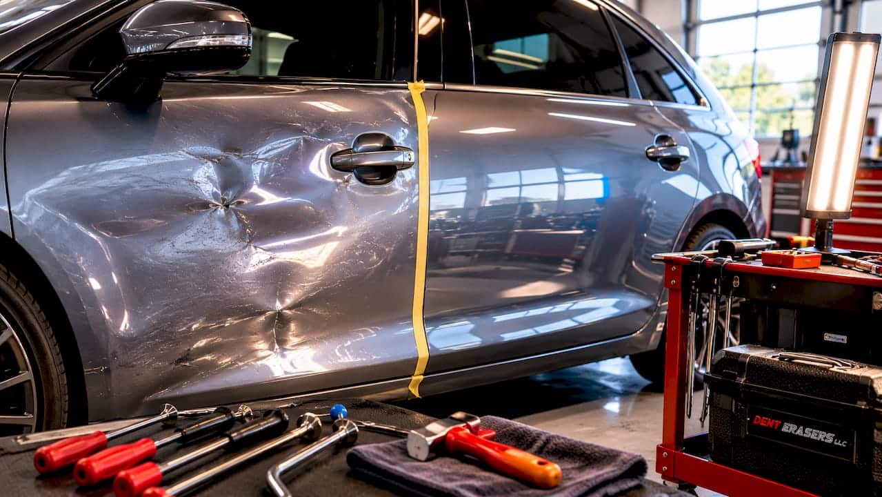 Car door panel before and after dent repair
