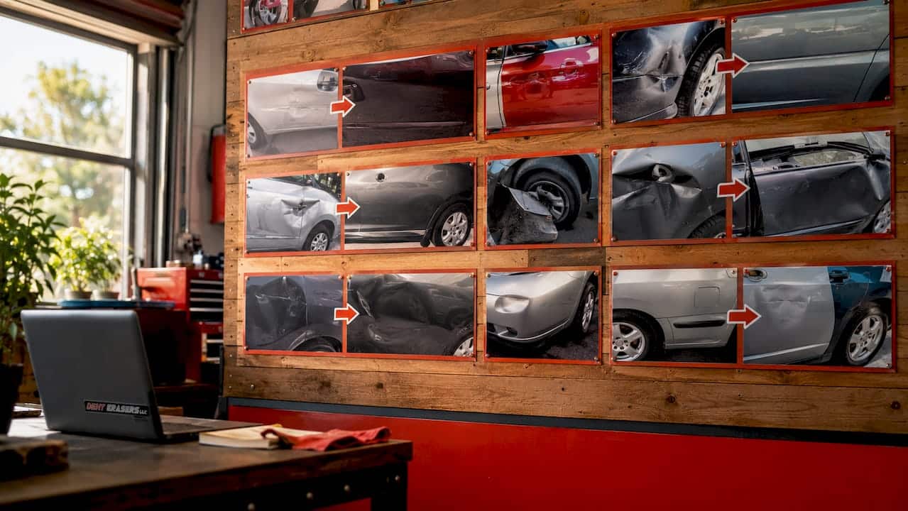 Before and after car repair comparison pictures on office wall