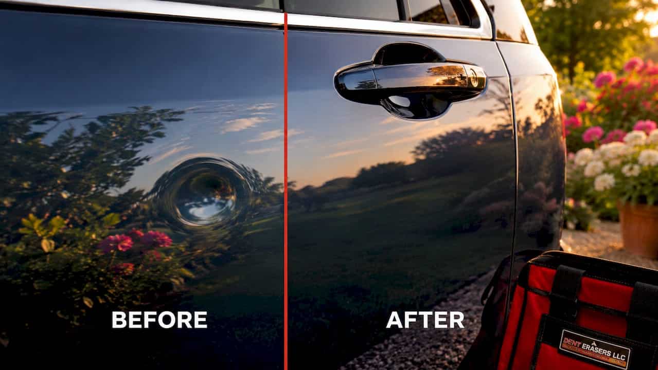 Before and after dent near car door handle