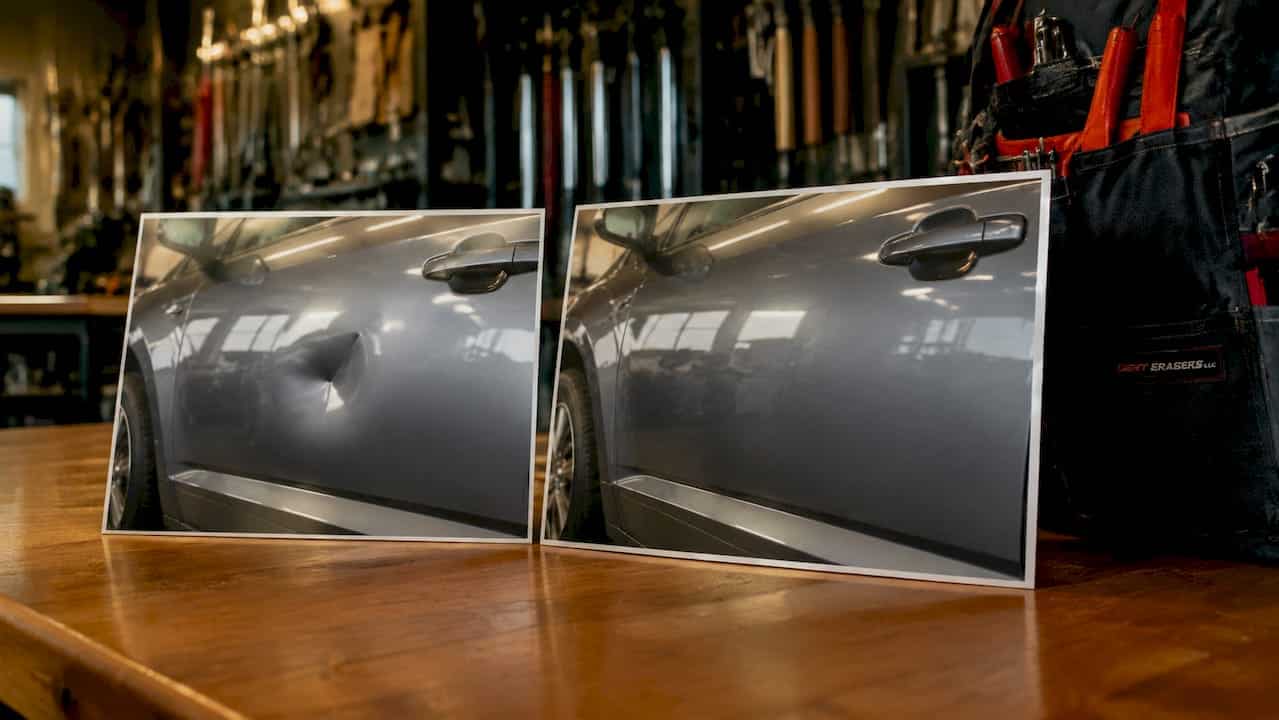 Before and after car door dent repair photos