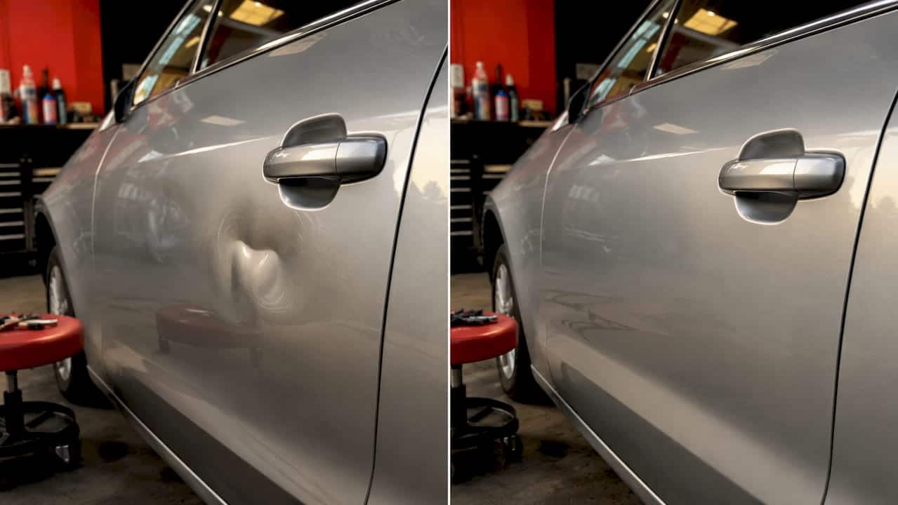 Before and after dent repair on car door
