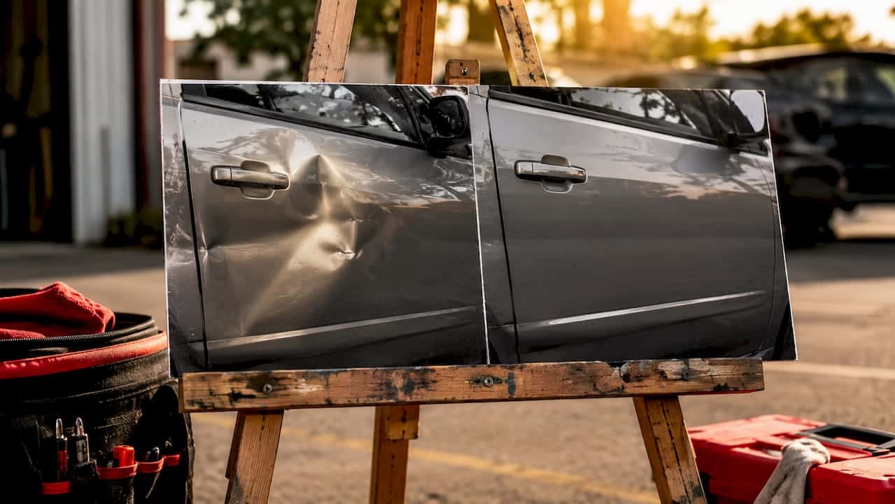 Before and after car dent repair on vehicle door