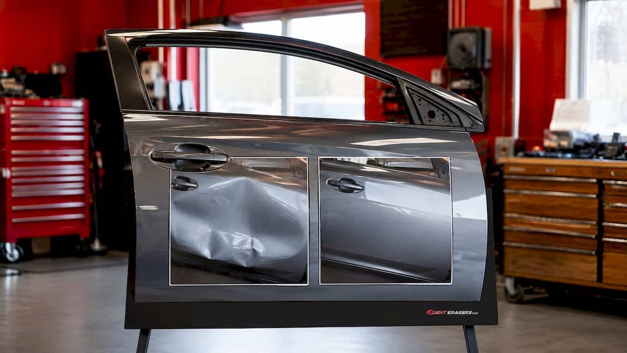Before and after car door ding repair close-up