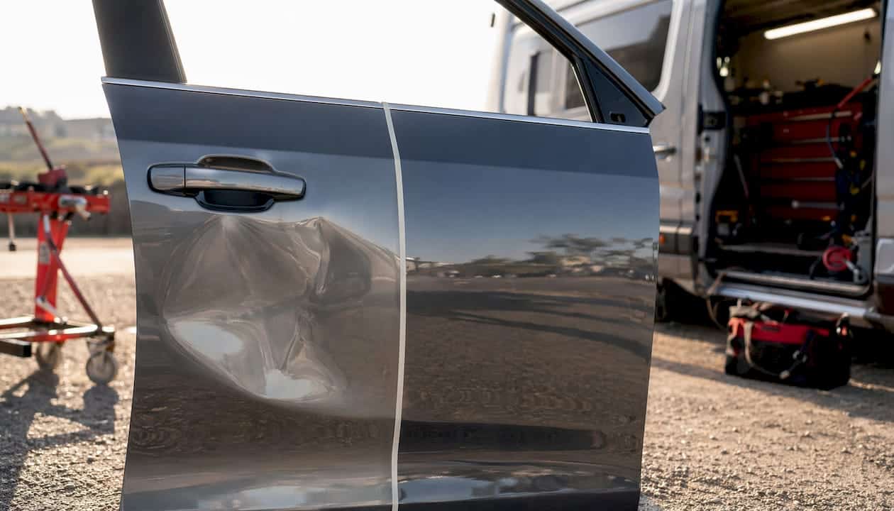 Car door panel before and after dent repair