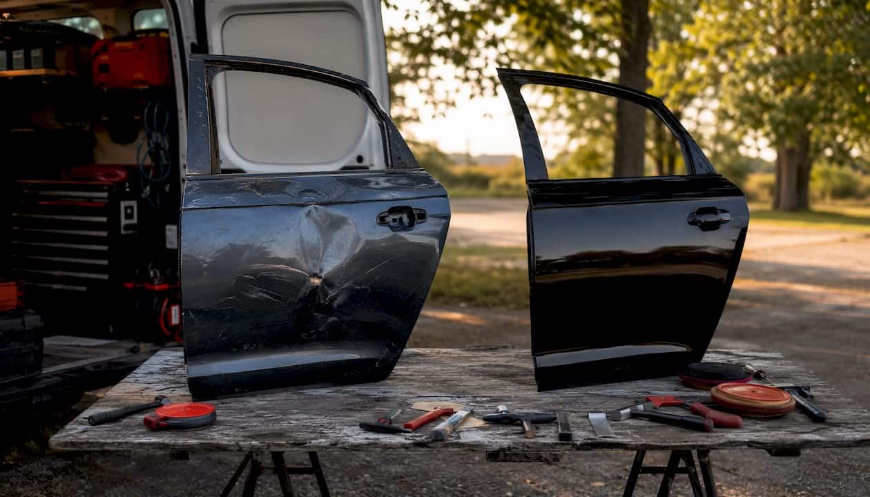 Before and after vehicle door repair comparison