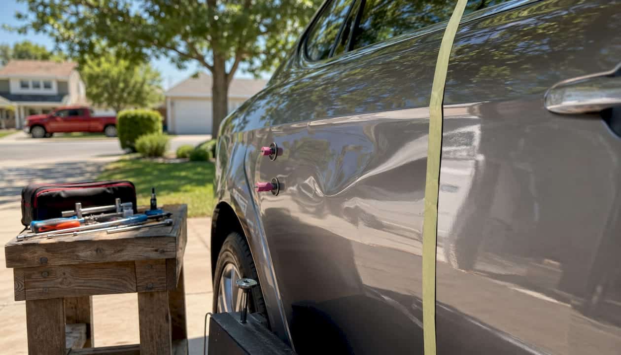 Before and after home driveway dent repair panel