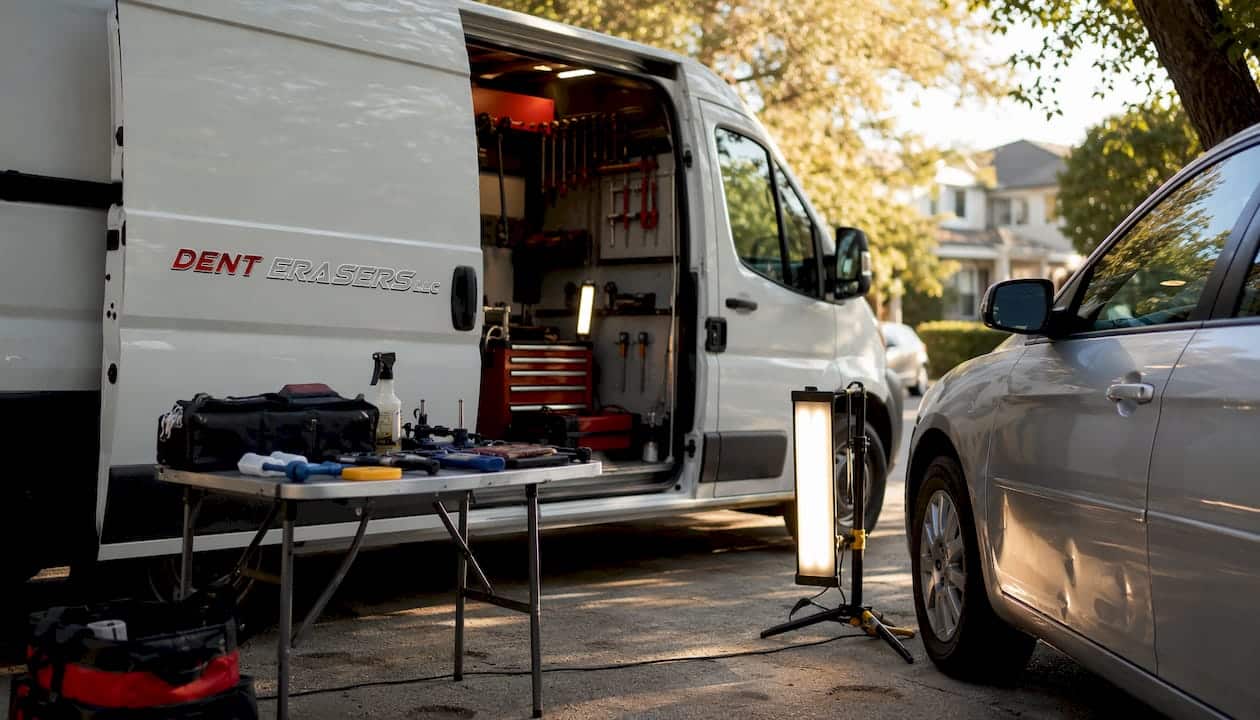 Dent Repair Seasonal Discounts: Save More This Winter 1 Mobile Dent Repair Van At Driveway