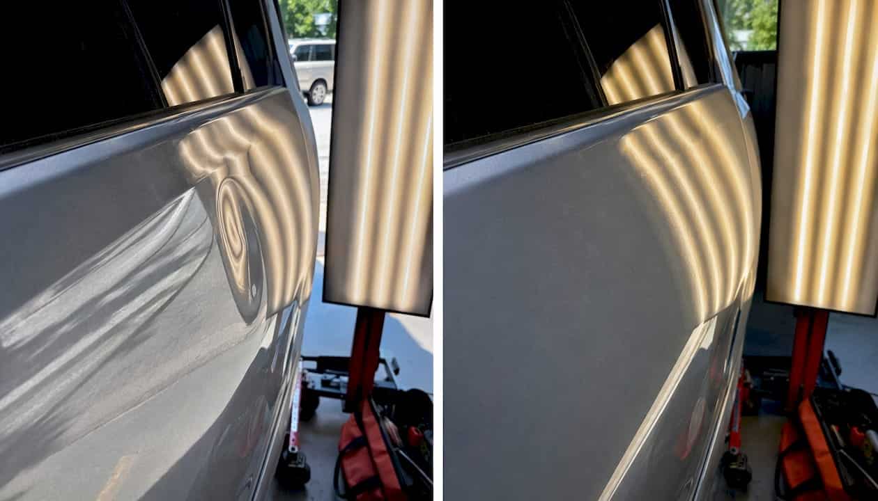 Contra Costa Mobile Repair: What PDR Really Means 1 Car Panel Under Normal And Led Line Lighting Showing Dent Details