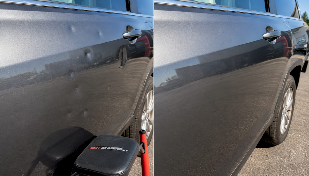 Before and after car dent repair close-ups