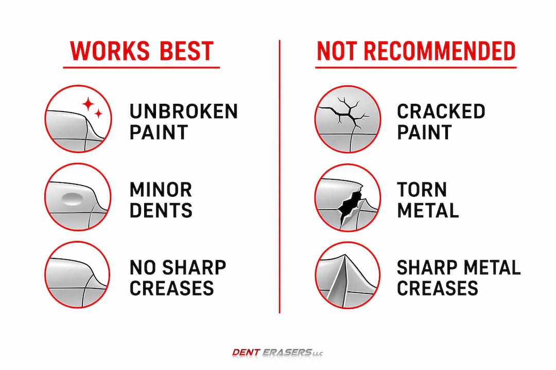 Contra Costa Mobile Repair: What PDR Really Means 2 Infographic Comparing When Pdr Works Best Versus Not Recommended