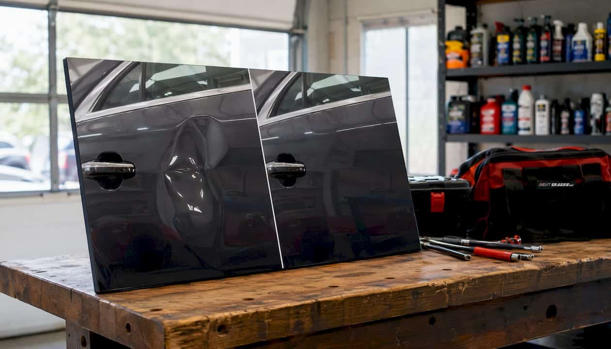 Mobile Services and Luxury Car Care: What Owners Need to Know 1 Luxury Car Door Panel Before And After Repair