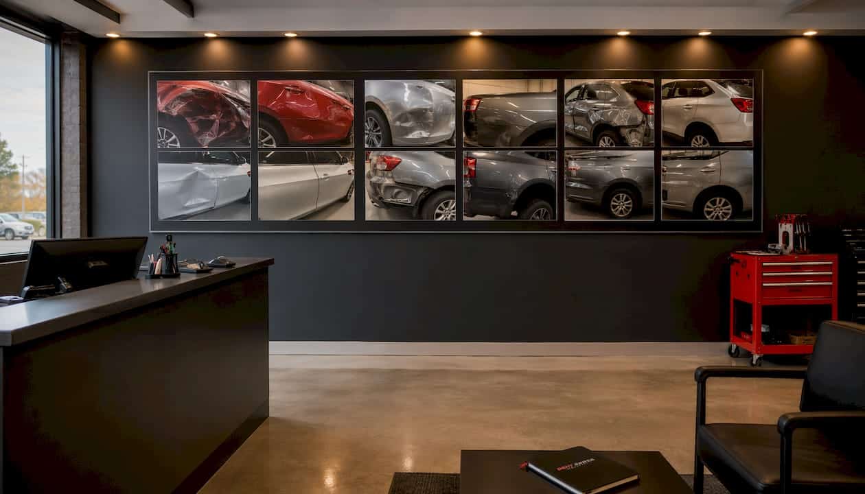Before and after auto repair photo display