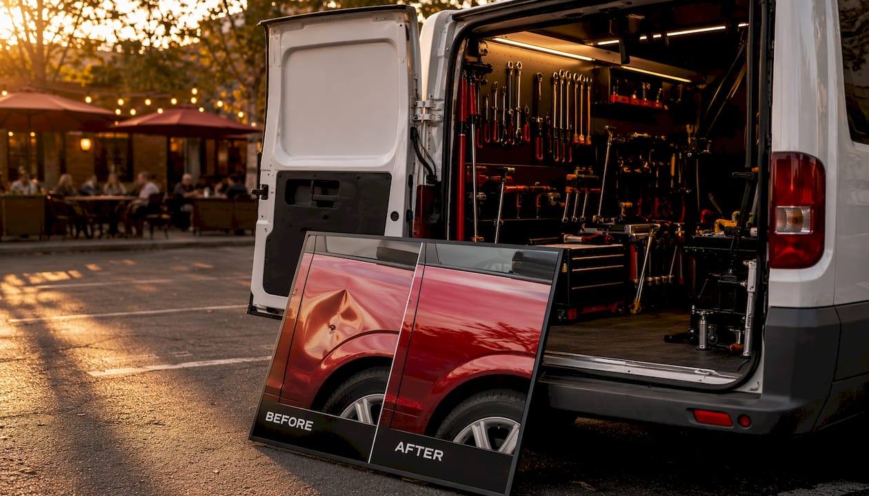 Car Care Corporate Account Benefits for Fleet Owners 1 Mobile Dent Repair Service Vehicle Setup In Parking Lot