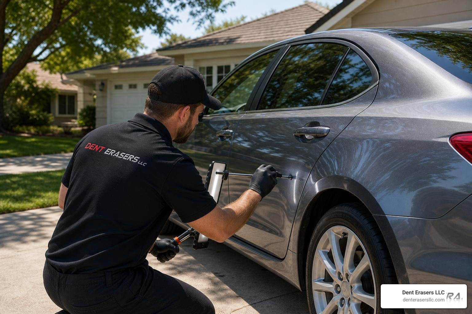 mobile dent repair Brentwood CA technician fixing car dent in driveway