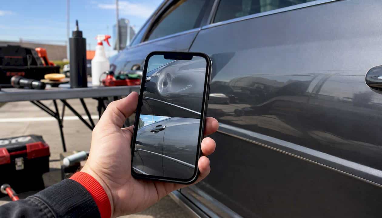 Crockett 71 Smartphone Photographing Vehicle Dents For Lease Inspection
