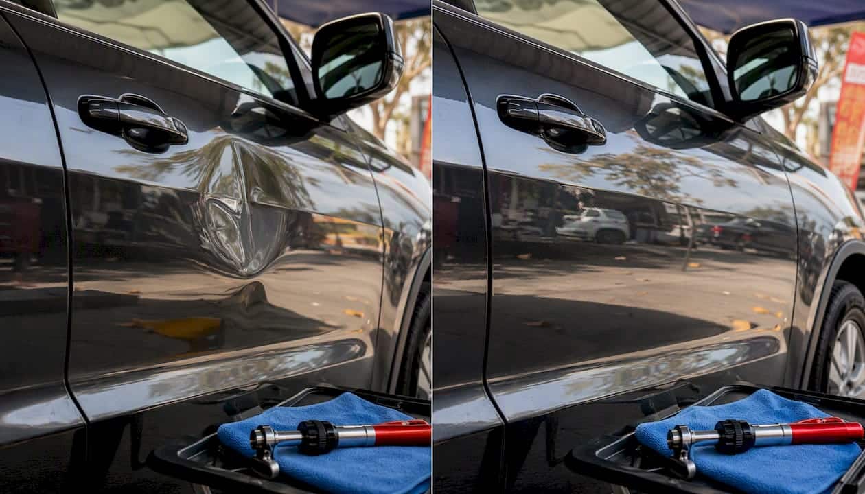 Before and after vehicle dent repair on car door