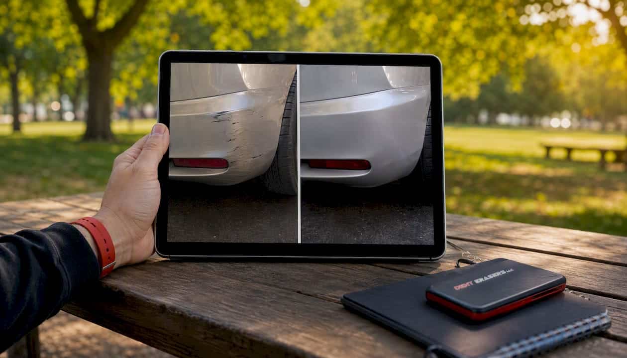 Parking Lot Damage Examples: Liability and Next Steps 2 Before And After Bumper Scratch Repair Photos On Smartphone
