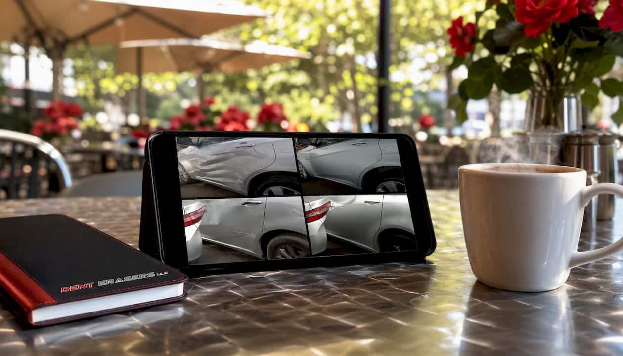 Device showing before-and-after parking damage photos