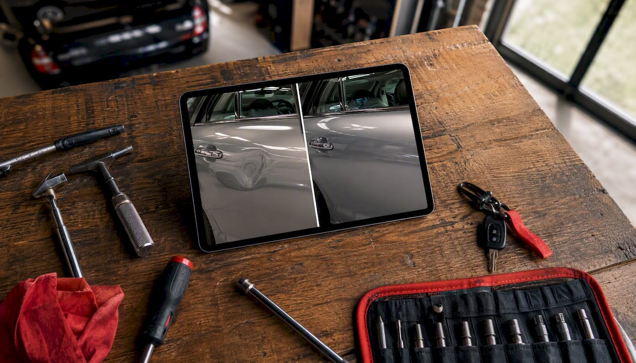 Parking Lot Damage Examples: Liability and Next Steps 1 Before And After Car Door Ding Repair On Tablet