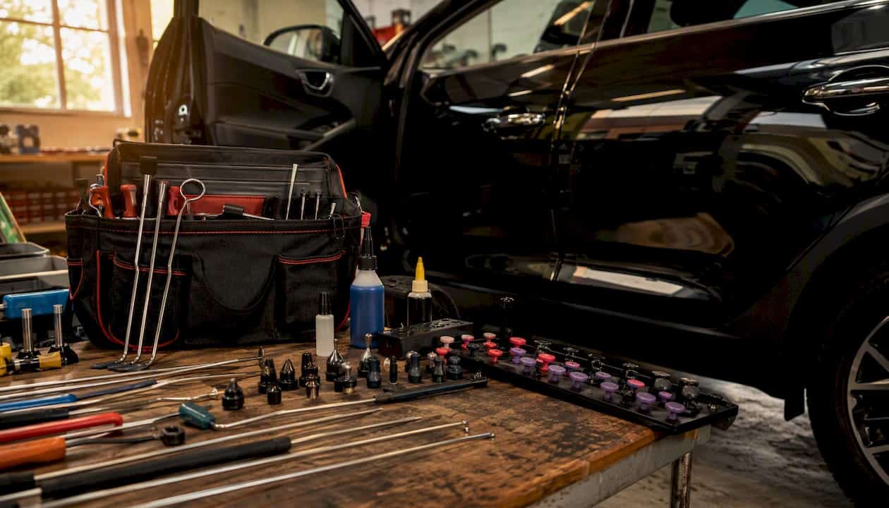 Executive Vehicle Care Options for Luxury Car Owners 1 Mobile Dent Repair Technician Tools On Workbench Outdoors