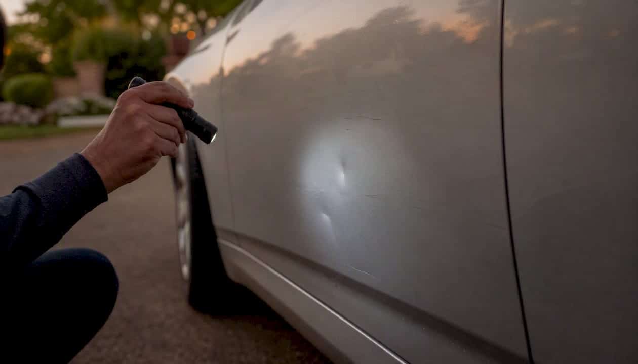 Close-up of vehicle panel with dents for lease inspection