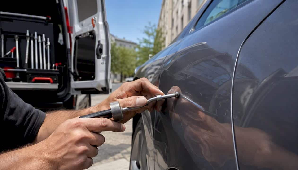 Lease Excess Wear Standards: What Lessees Must Check 1 Dent Repair Technician Using Tool On Vehicle Door