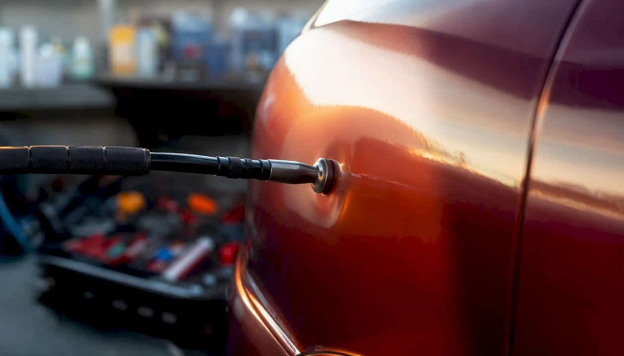Auto Insurance vs. Out-of-Pocket: What to Choose for Dent Repairs 1 Close-Up Of Pdr Tool On Car Dent