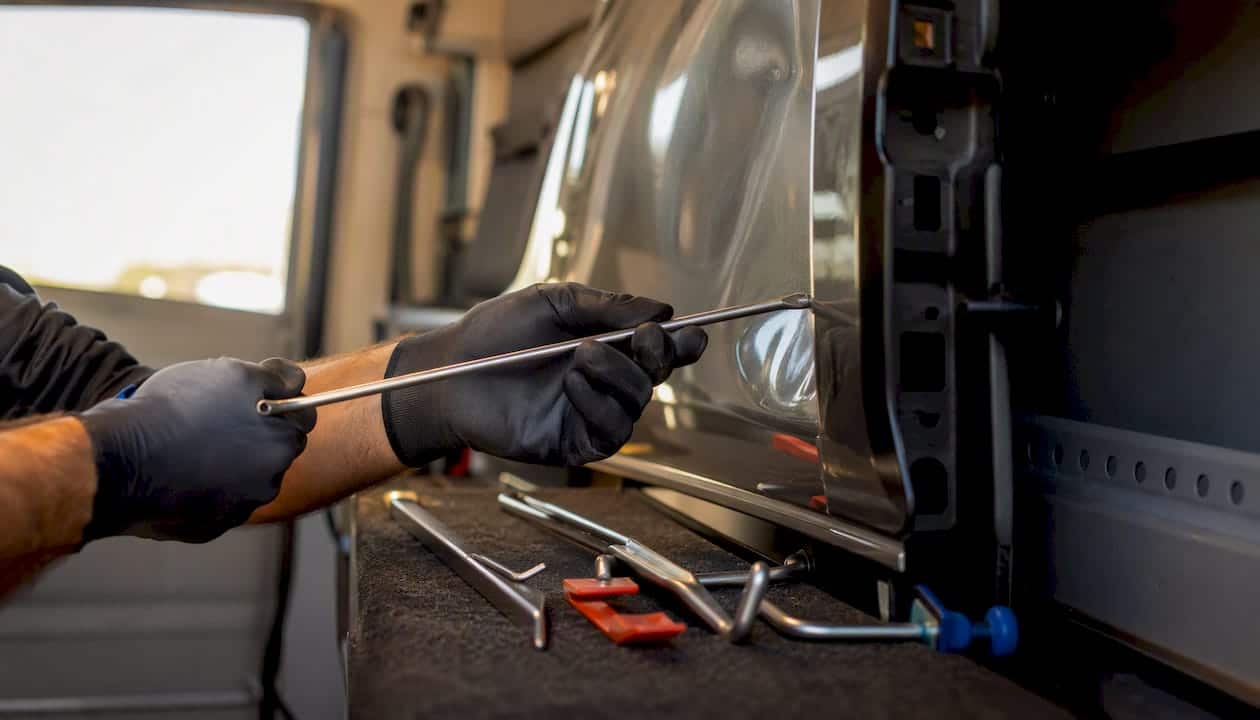 Hands performing paintless dent repair on vehicle panel