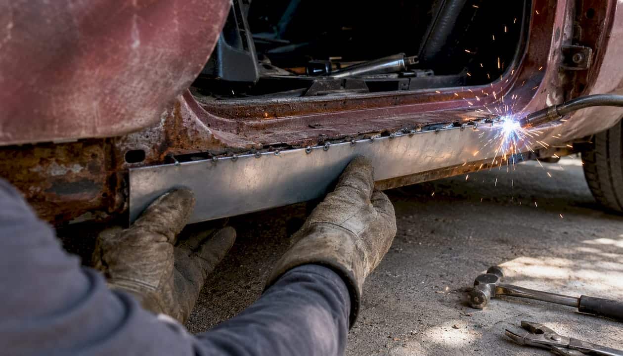 Your Complete Guide to Body Panel Repair Options 1 Metal Patch Being Welded Onto Rusted Rocker Panel