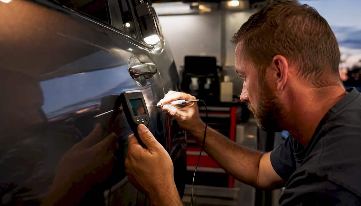 What Affects Dent Removal Time? A Practical Guide 2 Hands Inspecting Car Panel With Tools