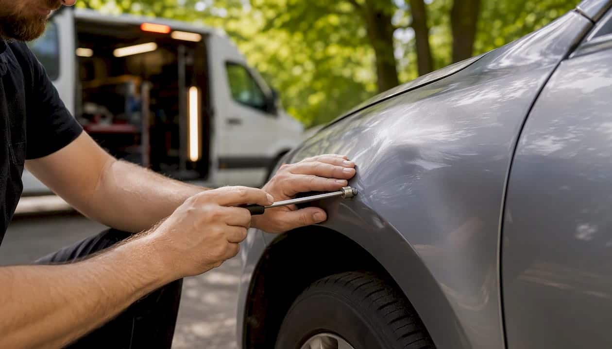 What Affects Dent Removal Time? A Practical Guide 3 Technician Applying Mobile Pdr Outdoors