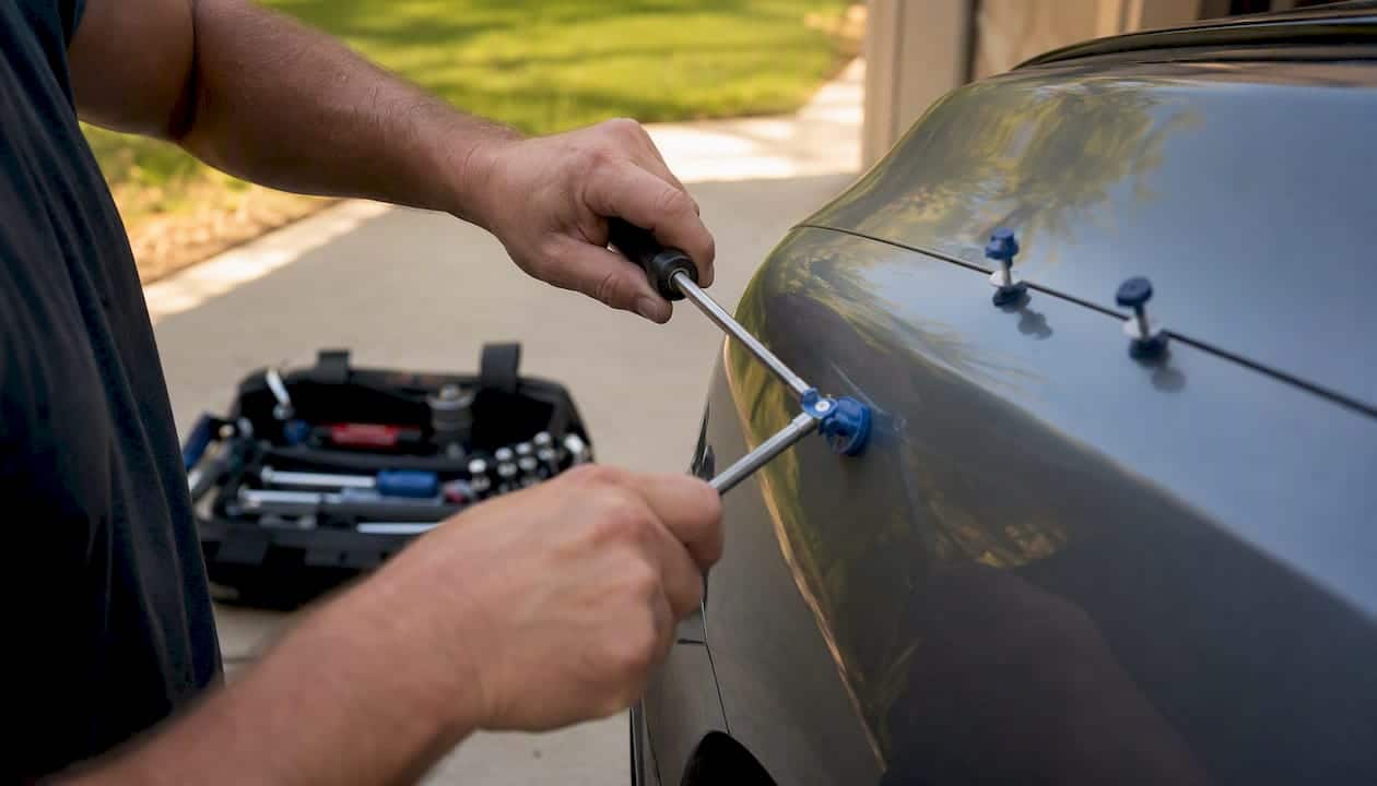 Technician applying glue-pull tabs on car dent panel