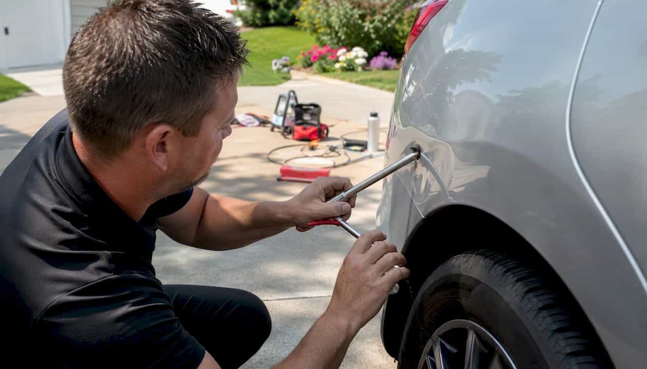 Hands removing dent on vehicle panel outdoors
