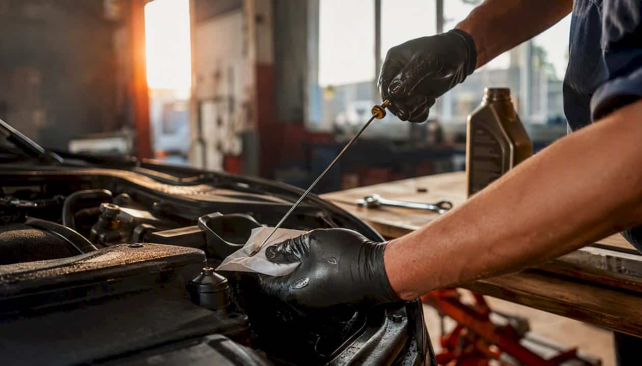 Hands checking engine oil in engine bay