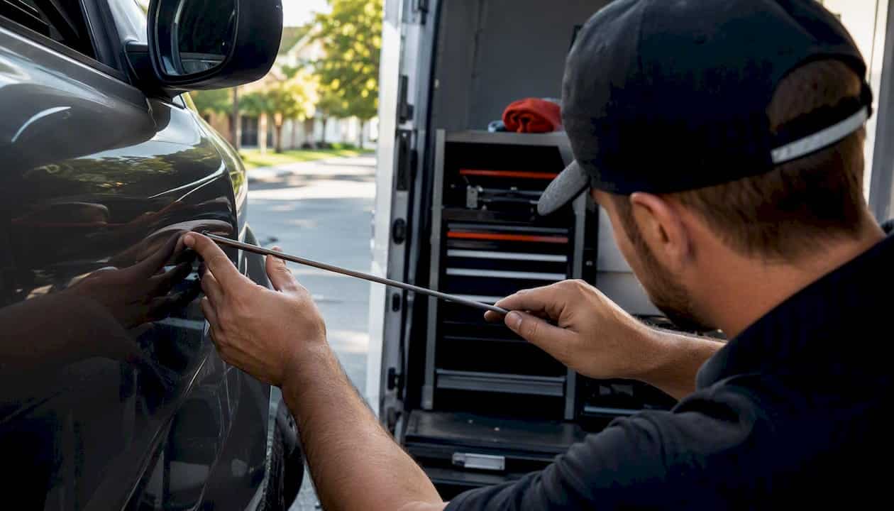 Technician hands performing paintless dent repair