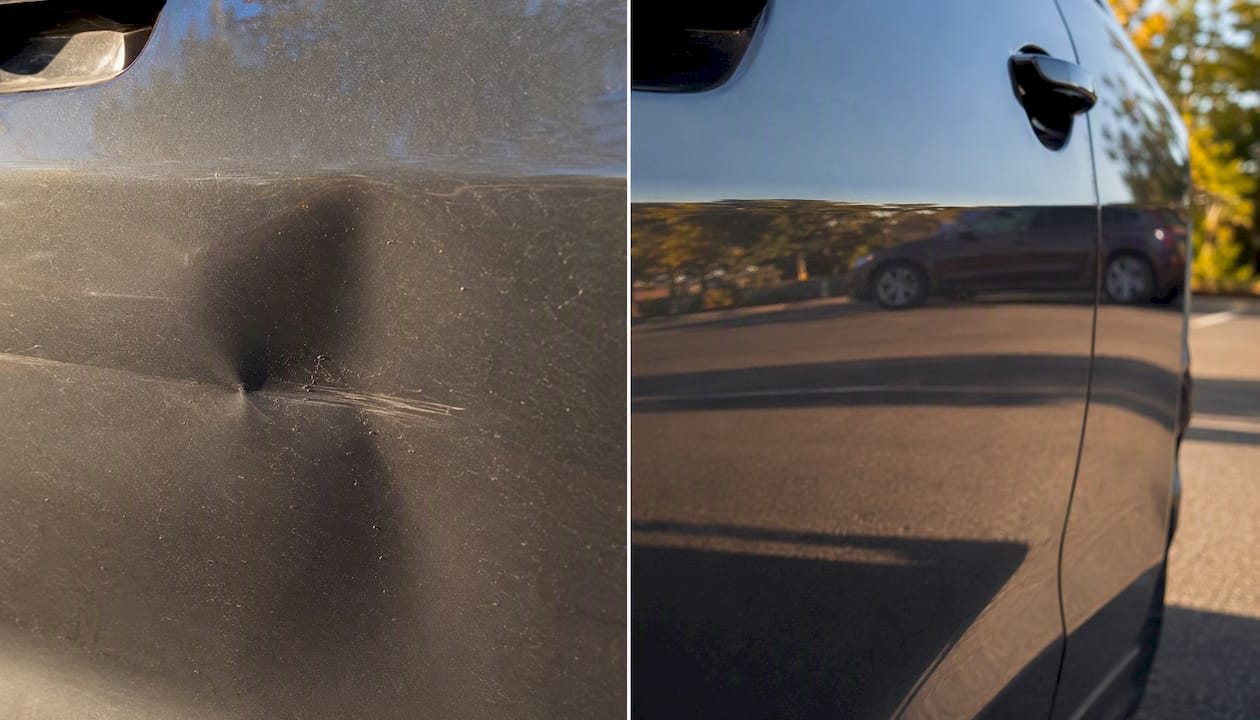 Before and after dent and scratch on car panel
