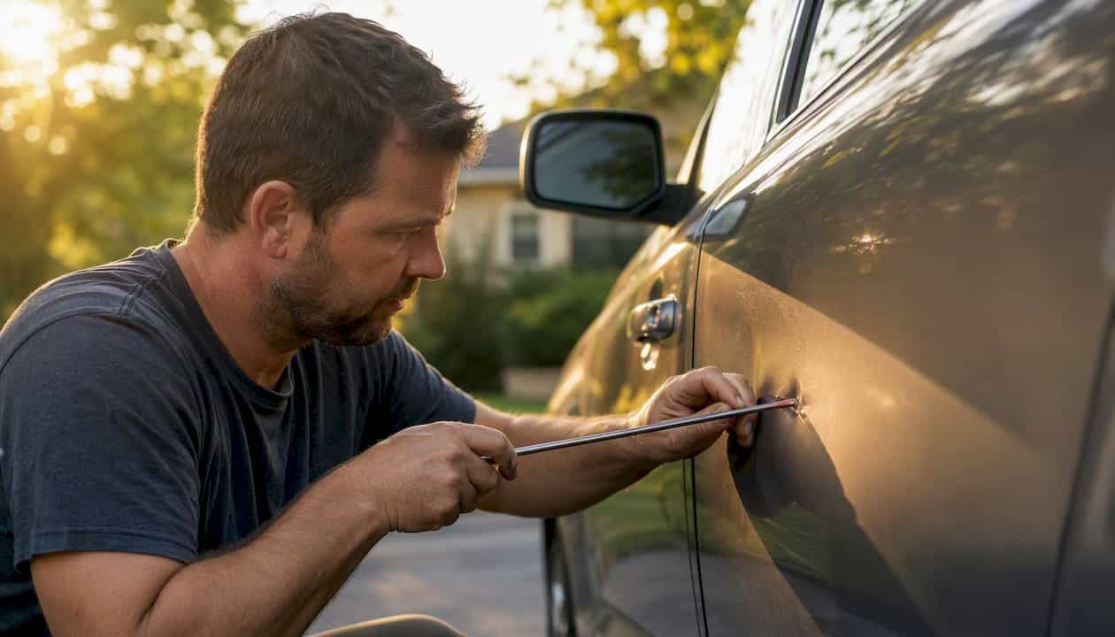 Close-up of hands using dent repair tool on car panel