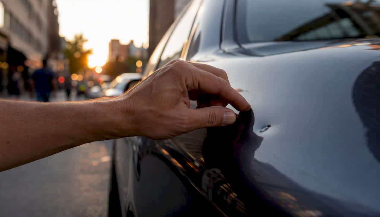 Dents in Car from Hail: What to Do Next 1 Hand Inspecting Hail Dent On Car Panel