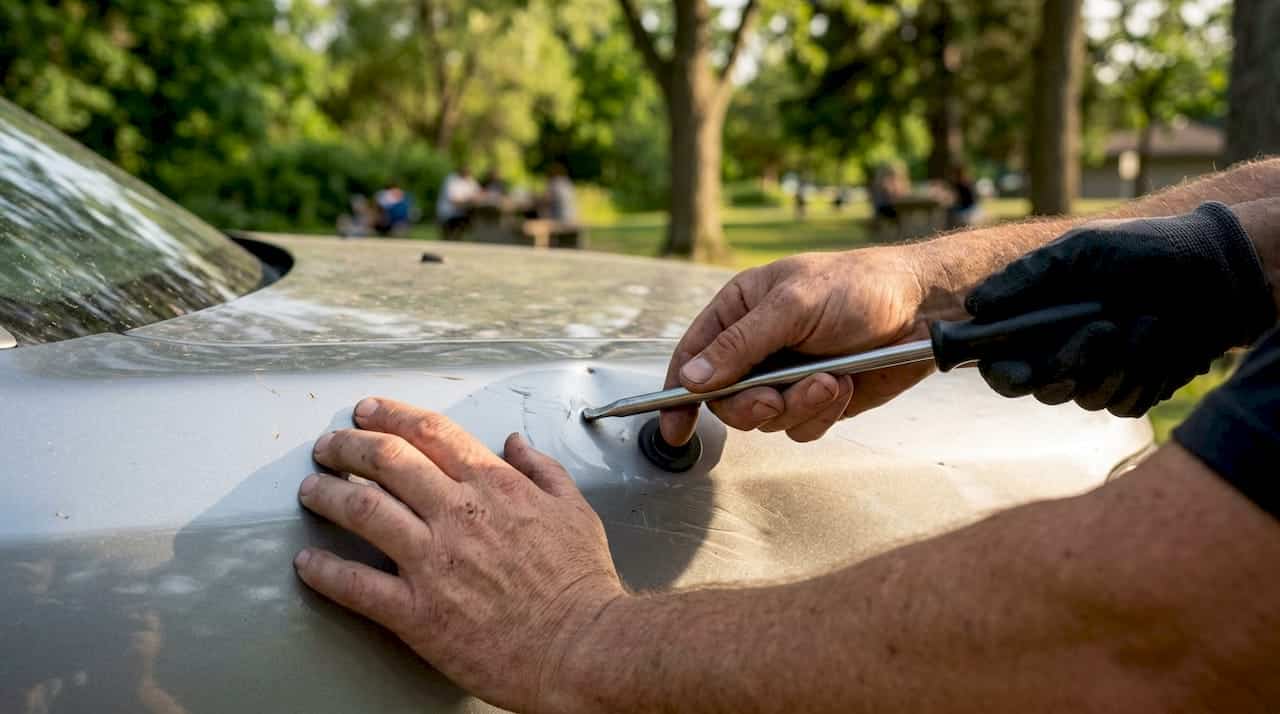 Hands performing paintless dent repair on hail damage