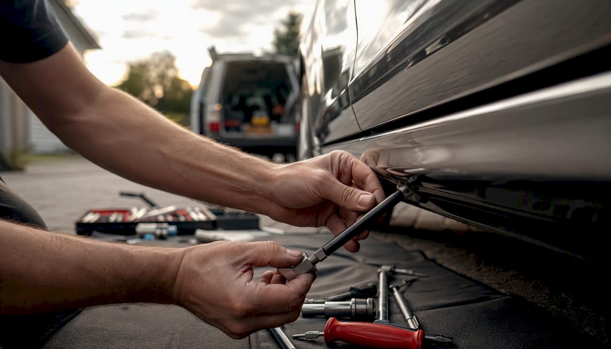 Technician hands performing paintless dent repair