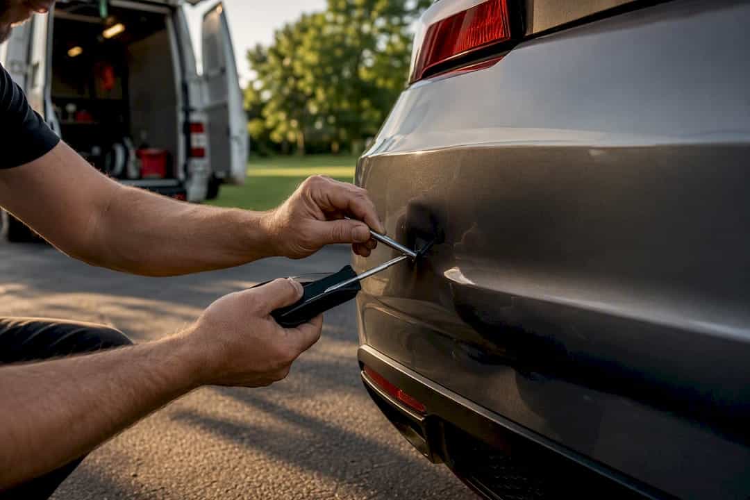 Technician hands repairing exotic car dent