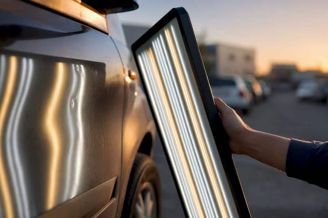 PDR After Minor Collision: When It Works and Next Steps 2 Led Reflection Board Revealing Dents On Car Panel