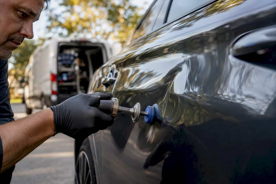 What Does Paintless Dent Repair Cost in 2026? 2 Close-Up Of Medium Dent Being Repaired