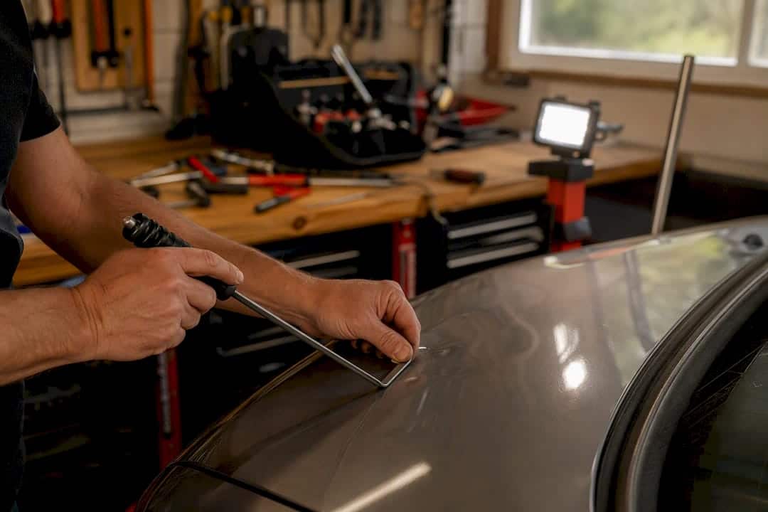 Gloved hands removing trunk dent close-up