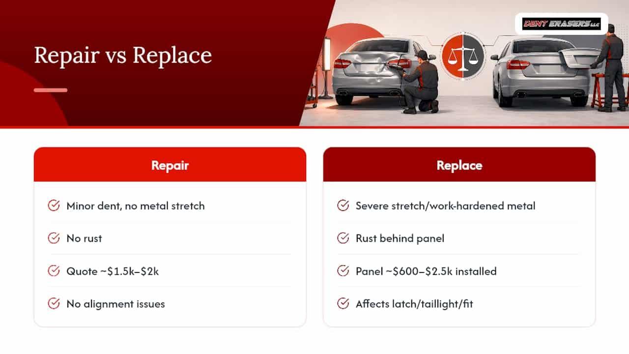 Trunk Dent Repair Cost: Realistic 2026 Price Ranges 1 Should You Repair Or Replace The Trunk Panel? — Overview Diagram