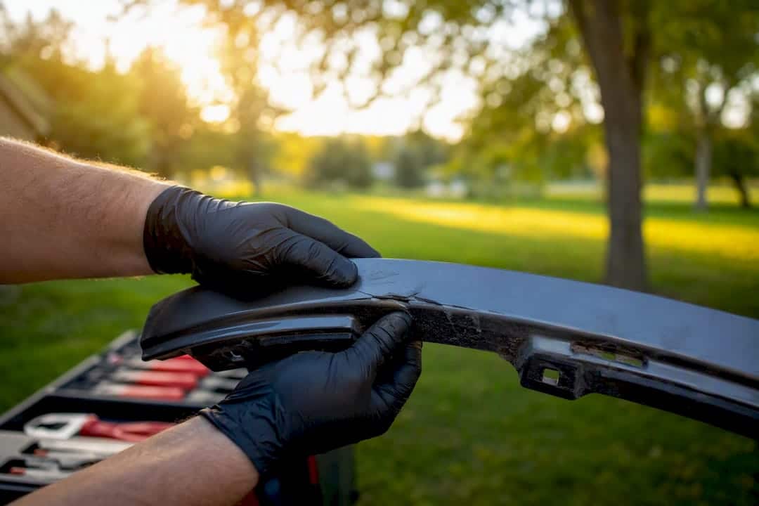 Close-up of hands inspecting cracked plastic bumper