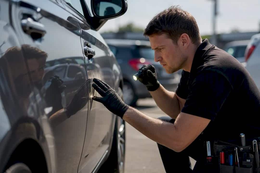 Technician inspecting body line dent with flashlight